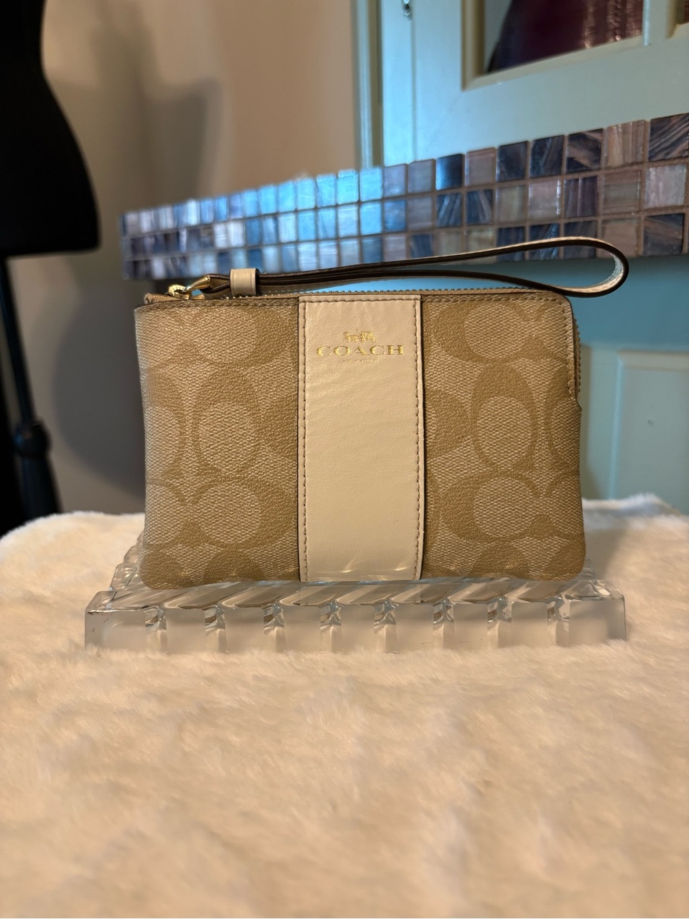 Coach Khaki Canvas Wristlet with Chalk Center Stripe